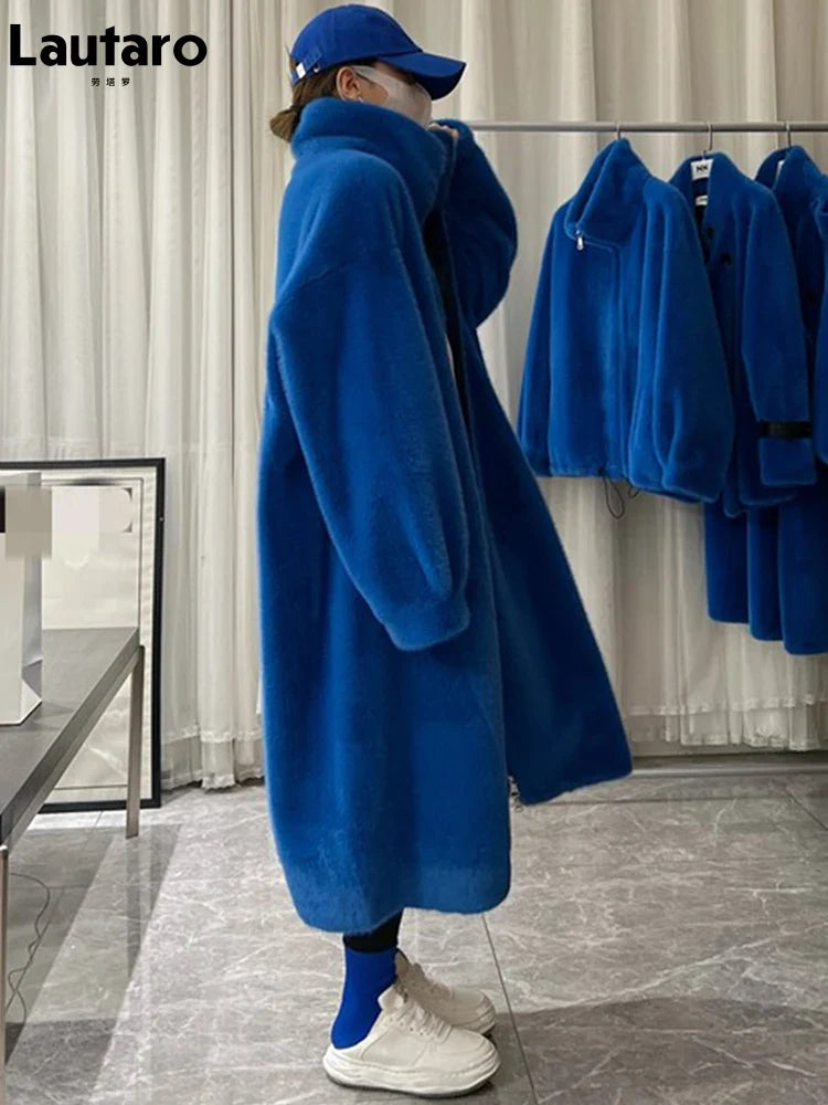 Winter Long Oversized Blue White Black Fluffy Thick Warm Faux Fur Coat Women Zip Up Runway Designer Korean Fashion 2022