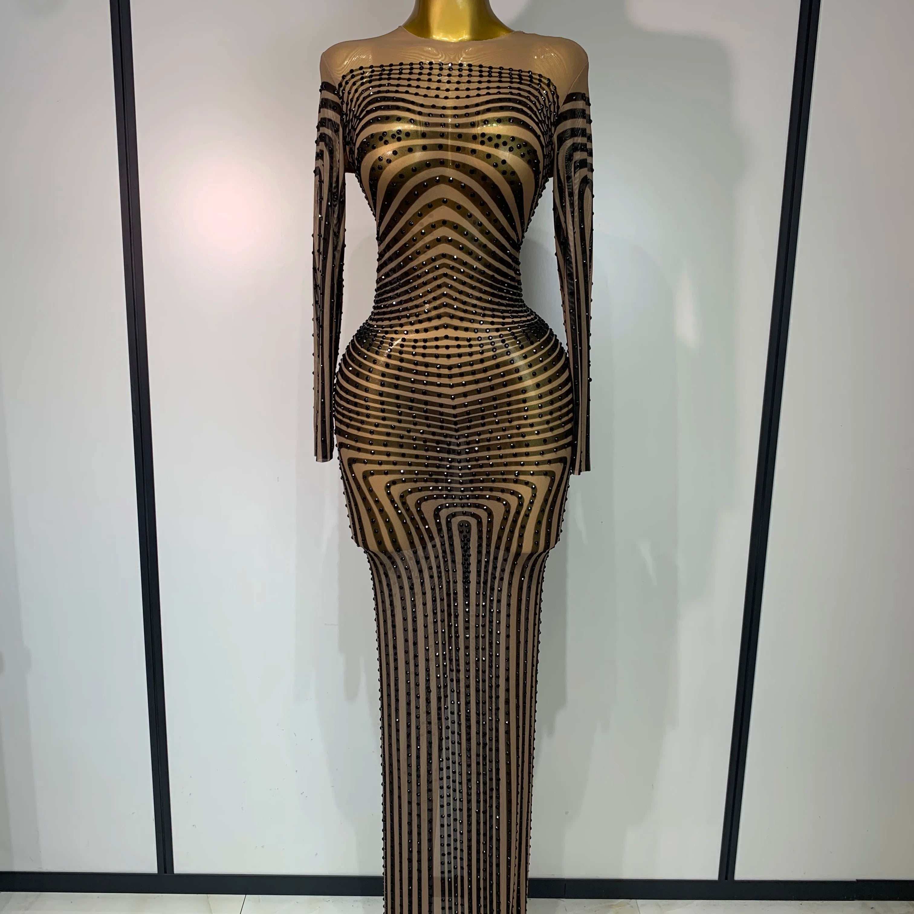 Women Sexy Mesh Perspective Shiny Diamond Dinner Dress Elegant Celebrity Evrning Party BirthdayDress Singer Stage Outfit black