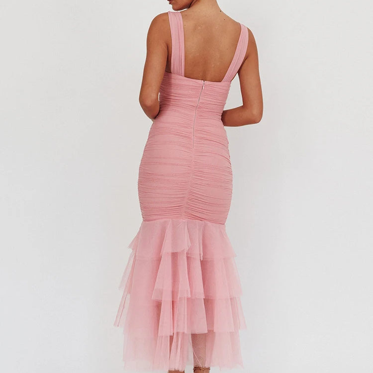 Mesh Backless Sexy Maxi Dress For Women Gown Two Layer Spaghetti Strap Sleeveless Ruched Bodycon Club Party Dress