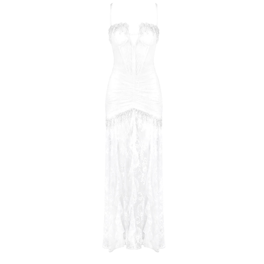Dreamy White Strappy Corset Lace Transparent Wedding Long Dress Party Evening Gown WHITE