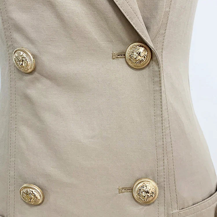 Top Newest Stylish Summer Designer Women's Sleeveless Notched Collar Double Breasted Lion Buttons Mini Cotton Dres