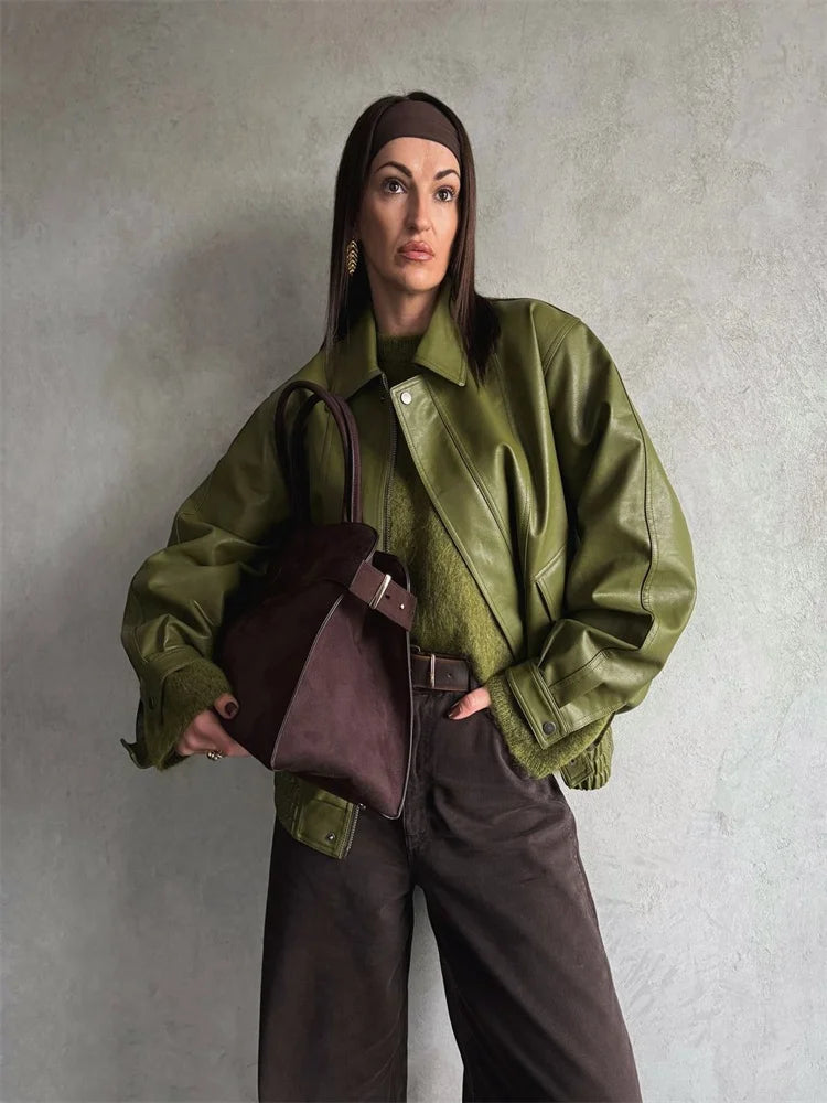 Green PU Leather Jacket Women Retro Laple Zipper Loose Full Sleeve Oversized Coat Female 2025 New Fashion Lady Solid Streetwear
