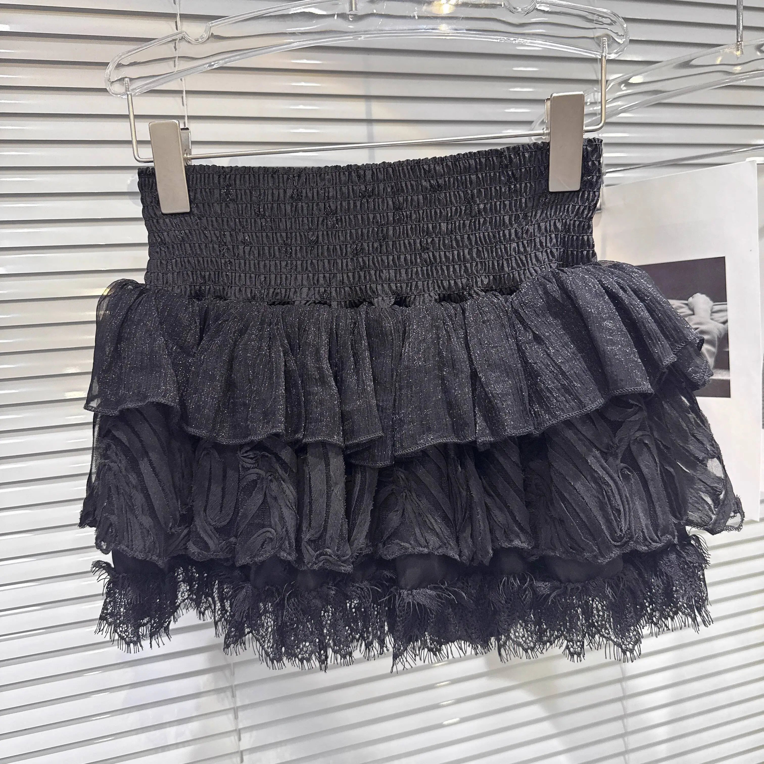 Autumn New Fashion Tweed Mesh Sleeve Short Jacket For Women High Elastic Waist Cake Skirt Female Trend 11A07728 only Black Skirt