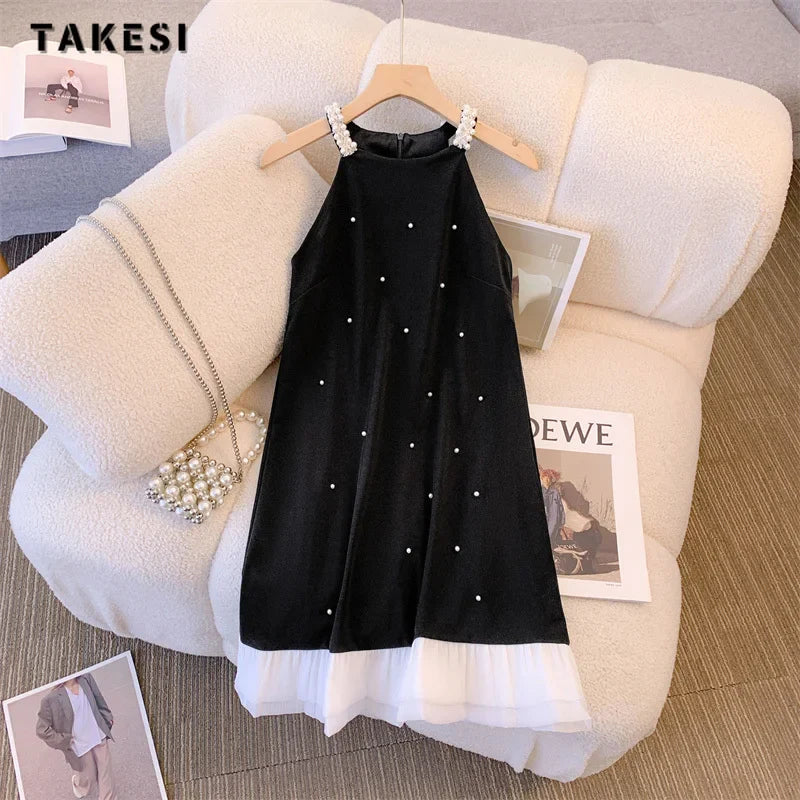 Women Sexy Casual Sleeveless Round Neck Patchwork Dresses Summer Luxury Loose Fit High Waist Dot Print Camisole Dress