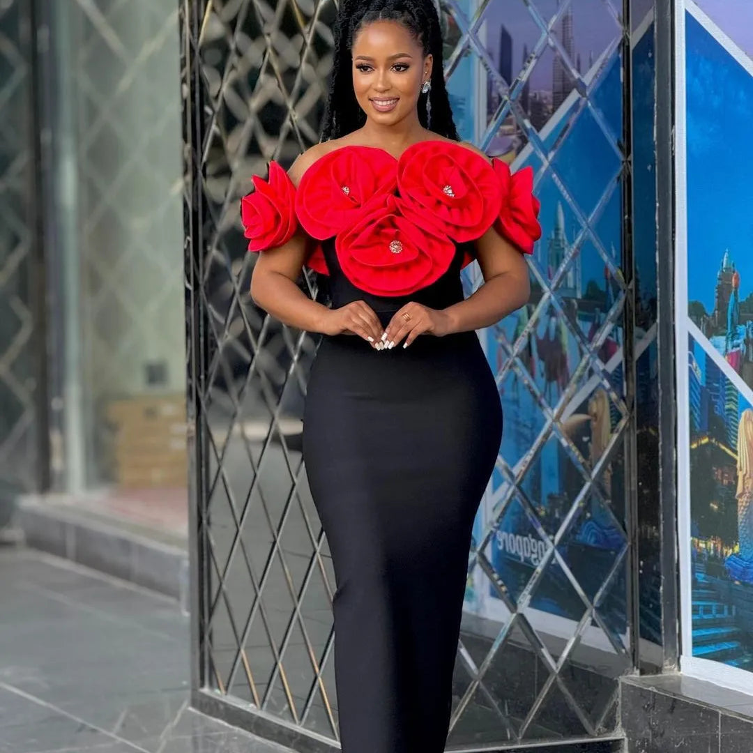 Fashion Big White Flowers Women Sexy Off the Shoulder Bodycon Long Bandage Dress Celebrate Evening Party Birthday Dress Red