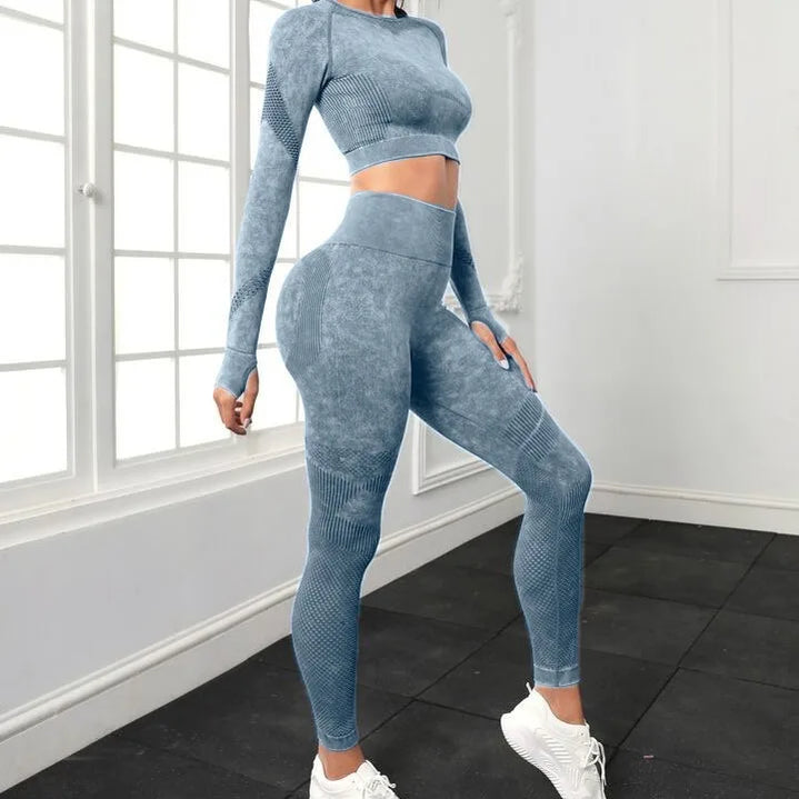 Seamless Yoga Sets Women Workout Sportswear Gym Clothing Long Sleeve Crop Top High Waist Leggings Workout Fitness Sports Suits