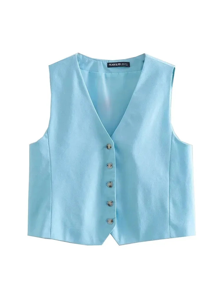 Women Blue Pants 2 Pieces Sets Fashion Linen Vest Tops+Straight Pants Office Suit Vintage Woman Two Pieces Outfit