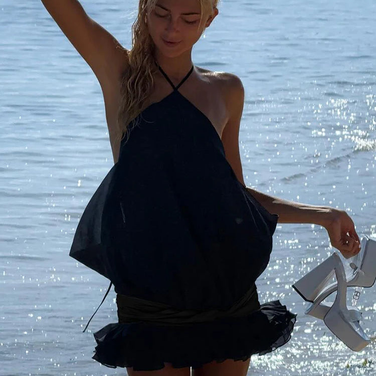 Edgy Black Halter Sleeveless Mini Dress Gown with Open Back for Trendy Parties