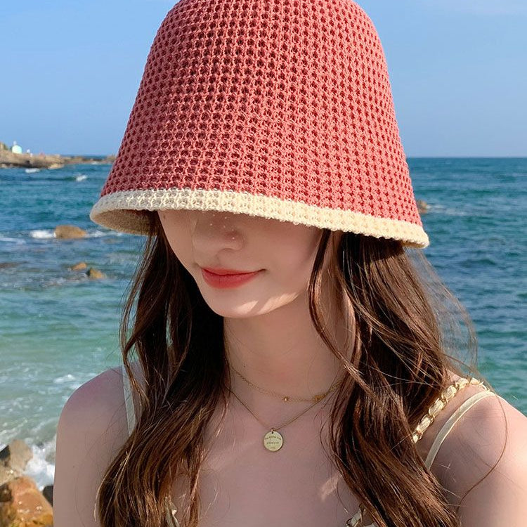 Summer Bicolor Knit Bucket Hat For Woman 2024 Trendy Black Bucket Hat Sun Caps Fashion Trend Charm Y2k Young Girl Kpop Gift Girl