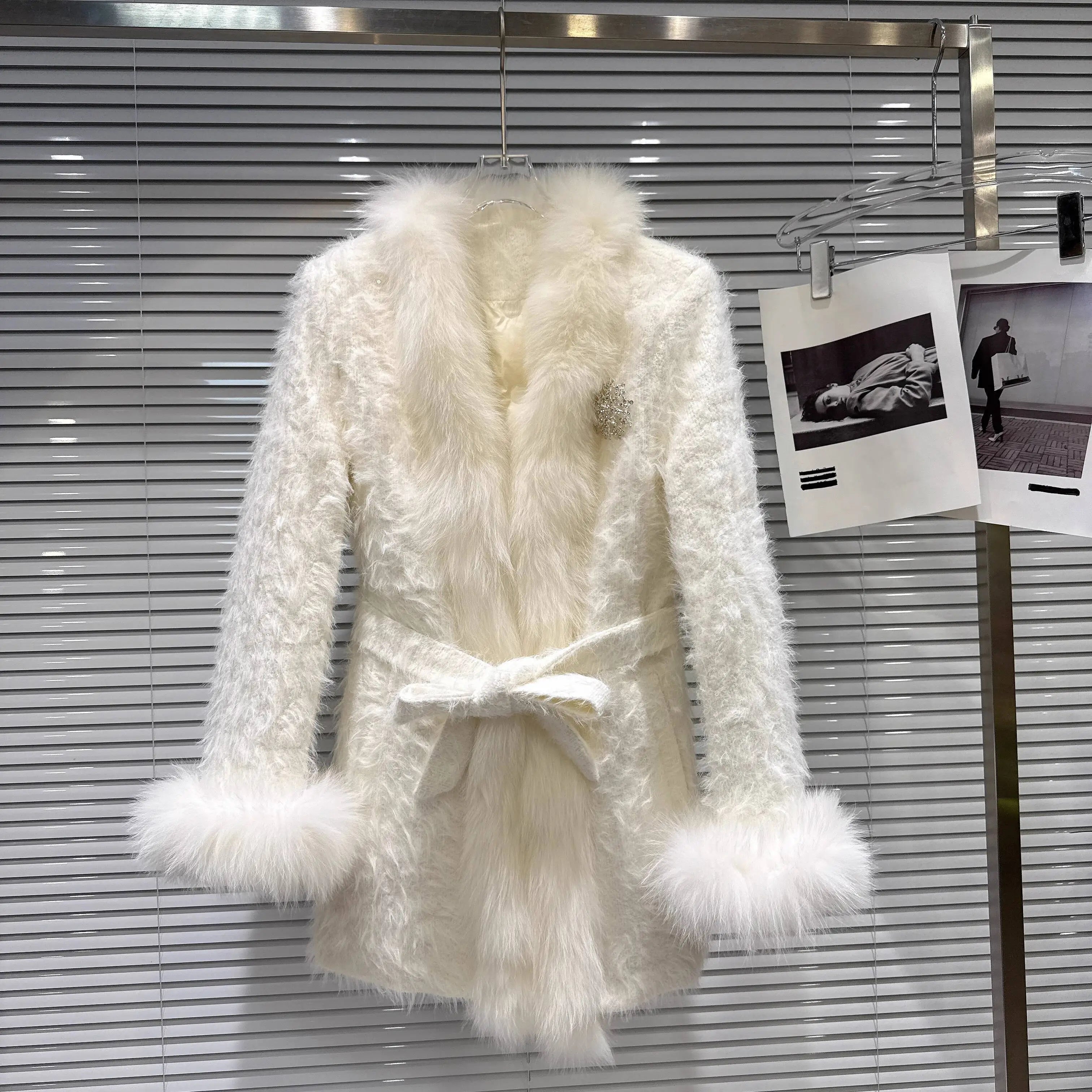 Winter New Fashion Diamond Fox Fur Collar Waist Belt Cotton Coat For Women Lace-up Waisted Jacket Female 11A07796 White