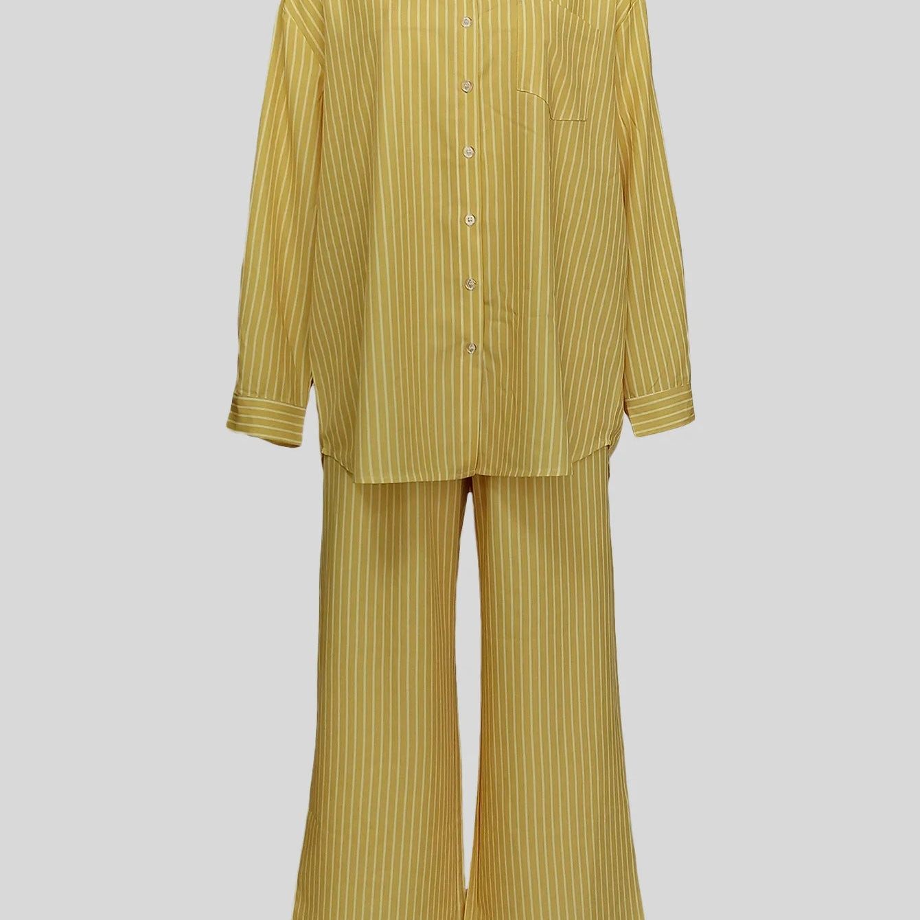 Fashion Striped Women's Set Long Sleeve Blouse Shirt Top and Wide Leg Pants 2025 Chic Two 2 Piece Sets Outfits Tracksuit Yellow