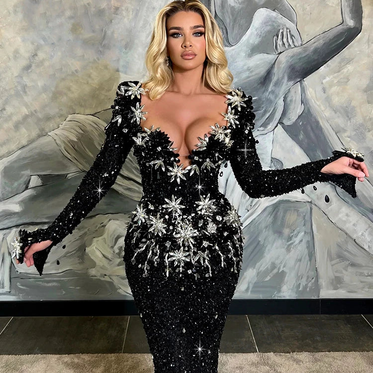 Black Sequins Sweet Heart Neckline Long Dress Hollow Out Low Cut Long Sleeves Diamond Flowers Details Bodycon Evening Gown
