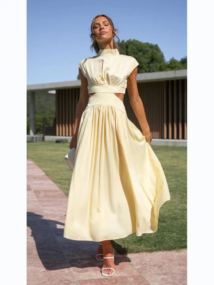 Women Spring Summer Long Maxi Dress Solid Color Fashion Sleeveless Backless Sweet Elegant Casual Dress 2023 Long-Lingt Yellow