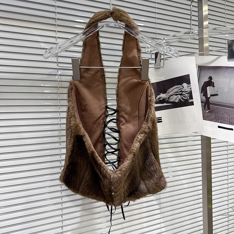 Winter New Fashion Style Back Bandage Design Furry Halter Neck Strap For Women Ring PU Leather Short Skirt 11A07894