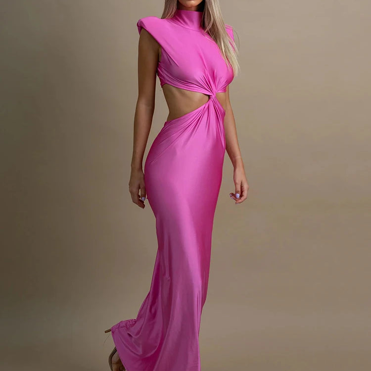 Mozision Hollow Out Turtleneck Sexy Maxi Dress For Women Fashion Solid Sleeveless Bodycon Tank Dresses Femme Club Party Dress