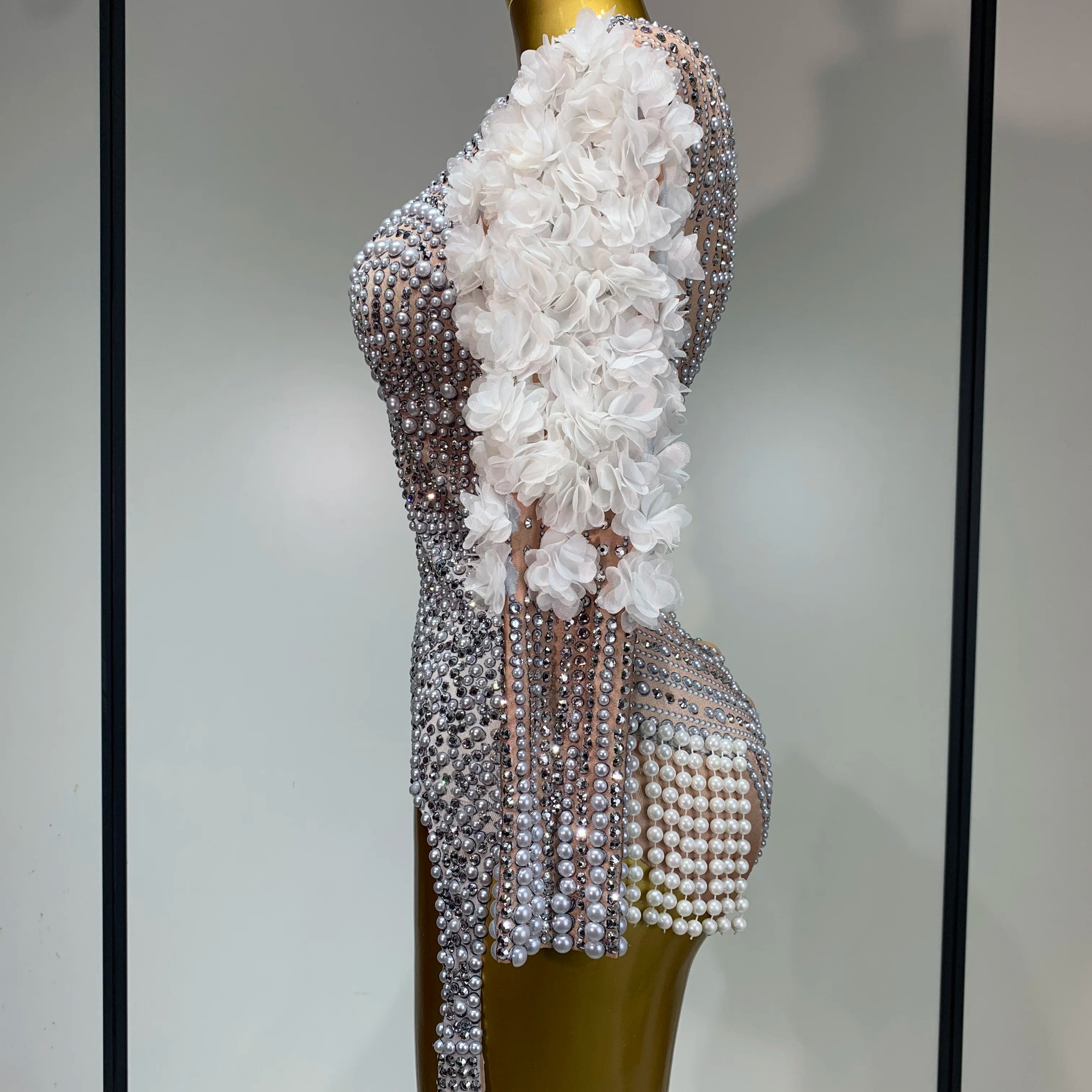 Sparkly Luxury Sheath Bodysuit Women Sexy Pearls Rhinestone Flowers Stage Singer Outfit Nightclub Performance Dance Costume