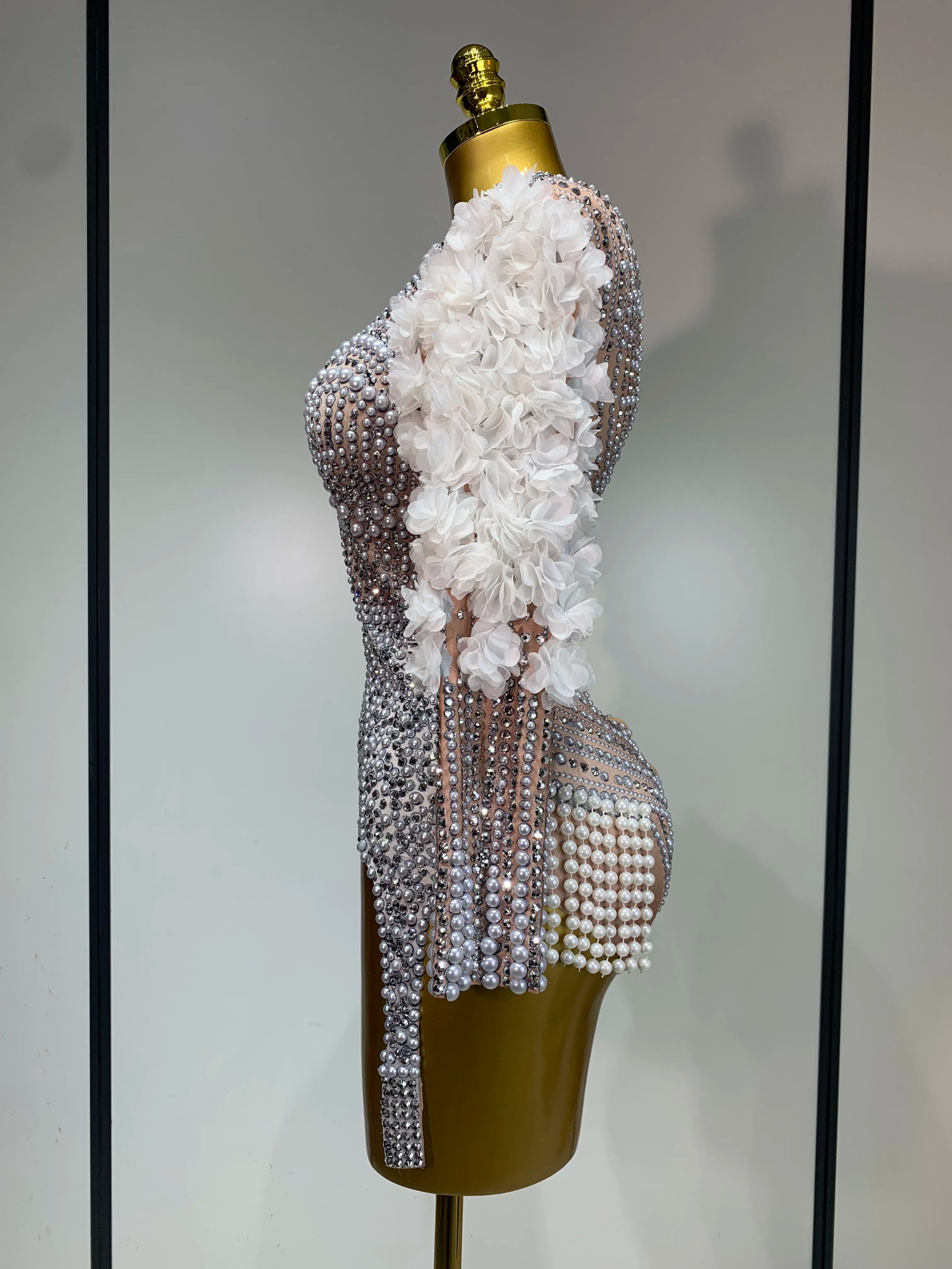 Sparkly Luxury Sheath Bodysuit Women Sexy Pearls Rhinestone Flowers Stage Singer Outfit Nightclub Performance Dance Costume