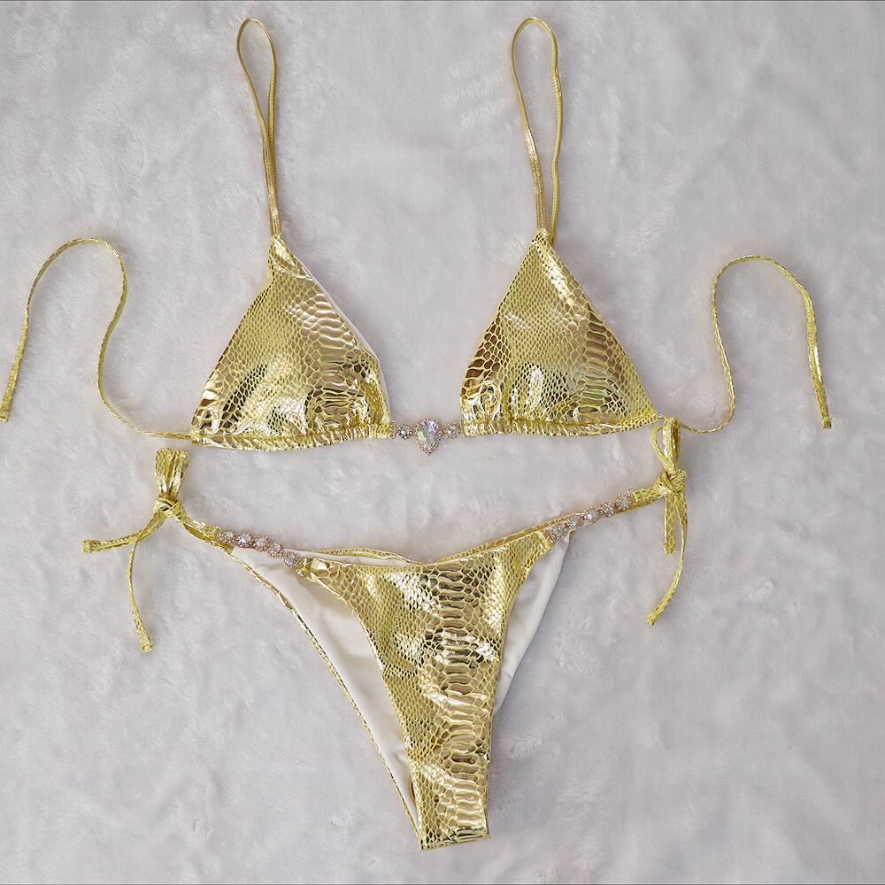 Sexy Triangle Bikini Simple Crystal Diamond Women's Swimsuit Gold Stamped Snakeskin Swimwear Gold