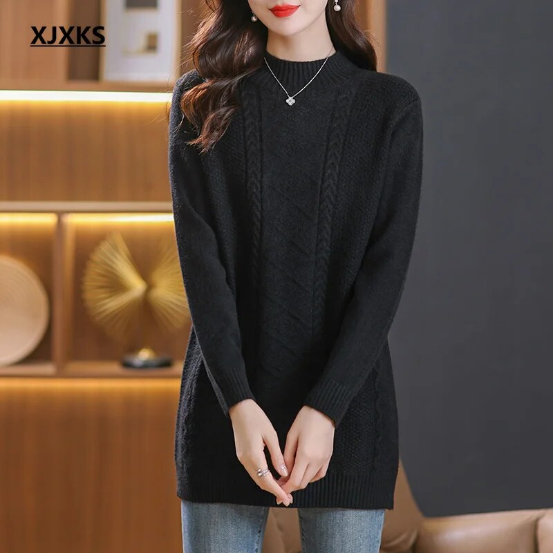 XJXKS Winter Warm Thickened Wool Knit Dress Mid-length Womens Clothing Jumper 2024 New Solid Colour All-match Pullover Black