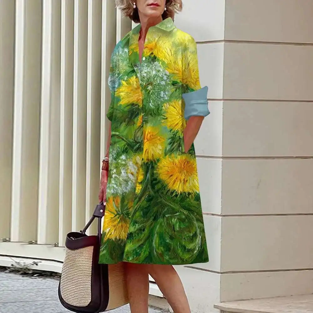 Women's Elegant Shirt Dresses Fall Fashion Floral Long Sleeve Loose A-Line Dresses Women's Office Ladies Red Green Lapel Gowns