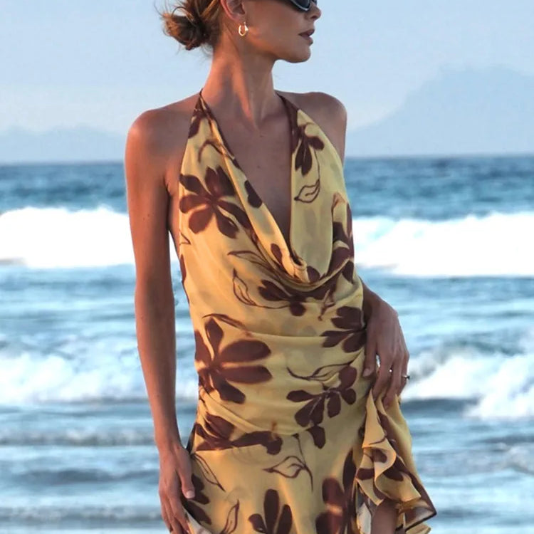 Mozision Halter Print Sexy Mini Dress For Women Robe Elegant Deep V Neck Sleeveless Backless Ruffled High Waist Beach Dress