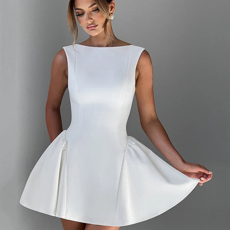 Backless High Waist A-line Sexy Mini Dress For Women Robe Fashion Solid O Neck Bodycon Club Party Sexy Dress Elegant