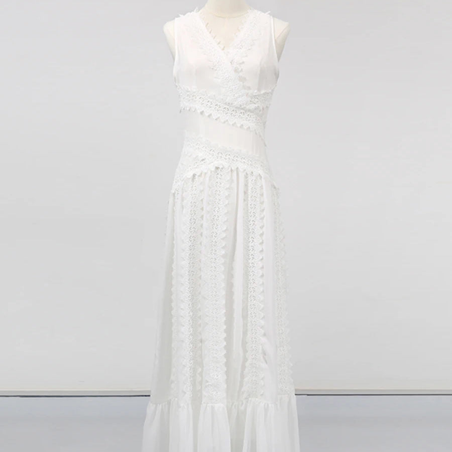 White Spliced Lace Minimalist Dresses for Women V Neck Sleeveless Temperamnet Long Dress Female Fashion Clothes New WHITE