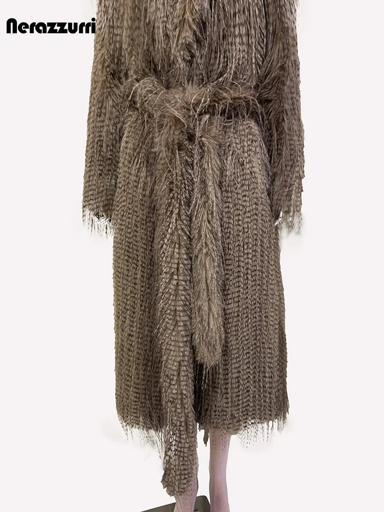 Nerazzurri Winter Clothes Women Long Thick Warm Soft Hairy Shagge Colorful Multicolored Fluffy Faux Fur Coat Women Sashes