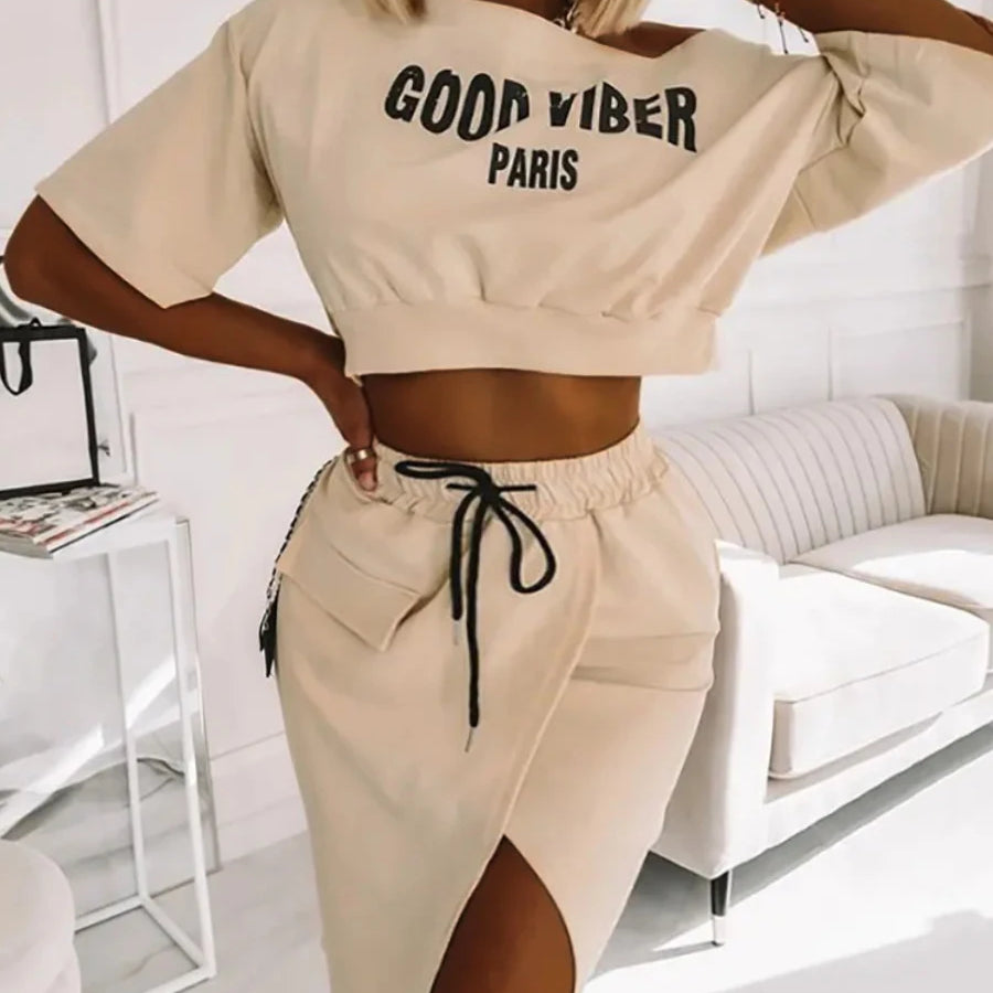 LW Plus Size Two Piece Good Viber One Shoulder Letter Print Set Crop Top+High Split Skirt Elegant Matching Outfits For Women Khaki