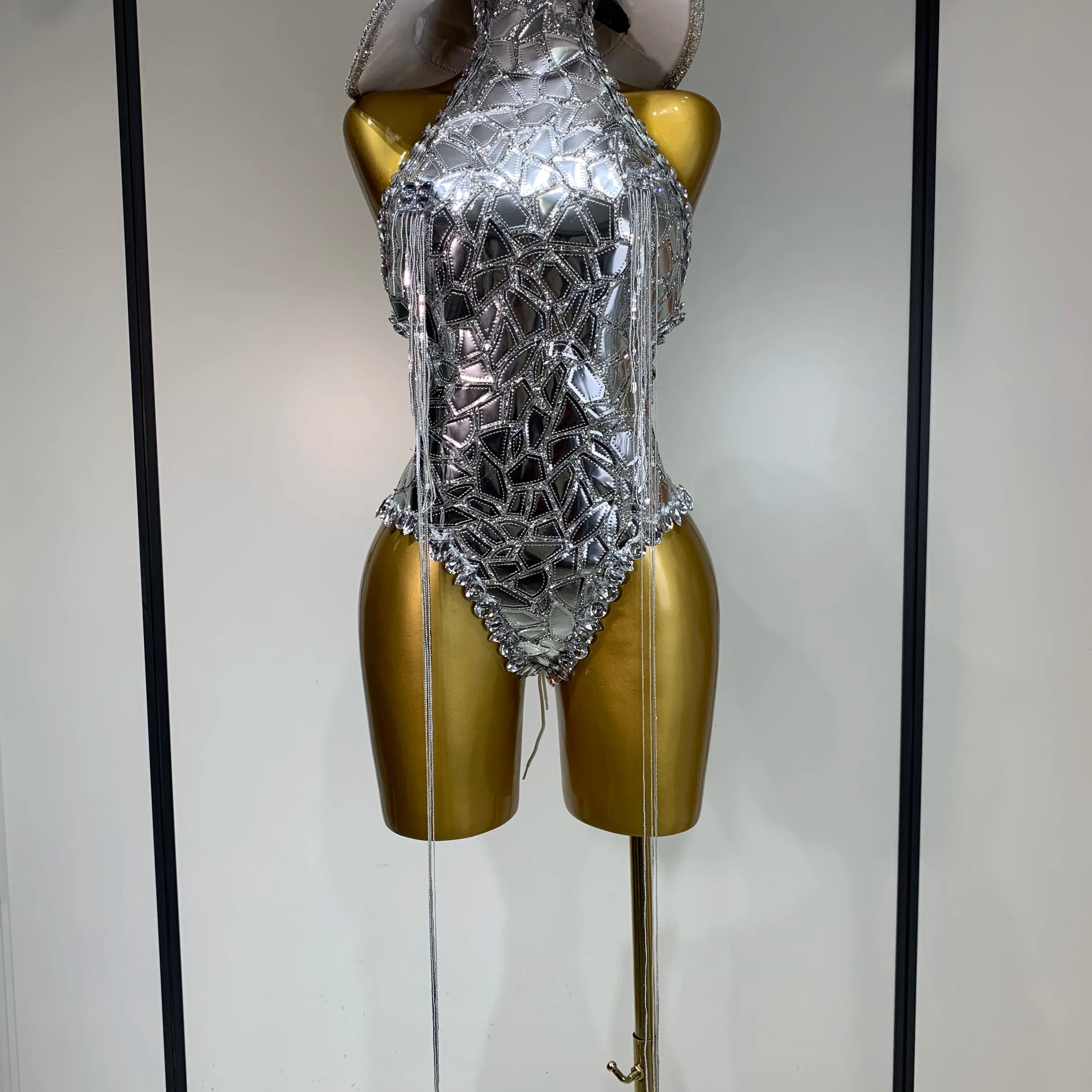 Sprakly Silver Bodysuit Sexy Two Pieces Outfit Dancer Birthday Evening Party Celebrate Performance Singer Stage Perform Outfit Silver
