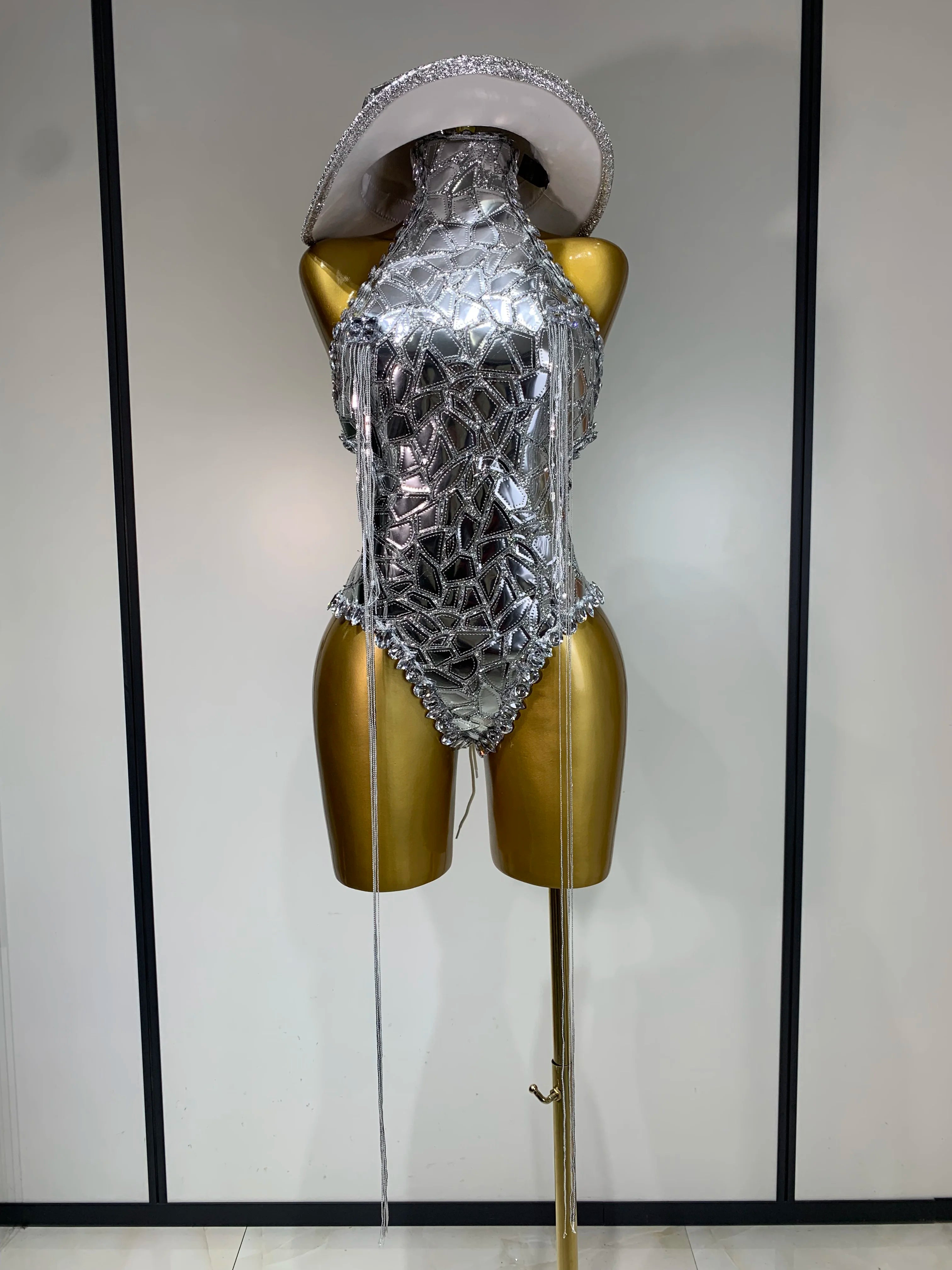 Sprakly Silver Bodysuit Sexy Two Pieces Outfit Dancer Birthday Evening Party Celebrate Performance Singer Stage Perform Outfit Silver