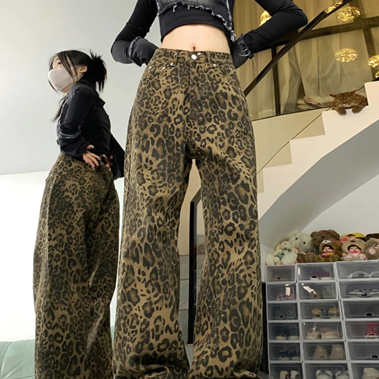 Woman Vintage Leopard Jeans Spring Autumn Simple Casual Oversize Wide Leg Trousers Streetwear Hip Hop Female Loose Pants