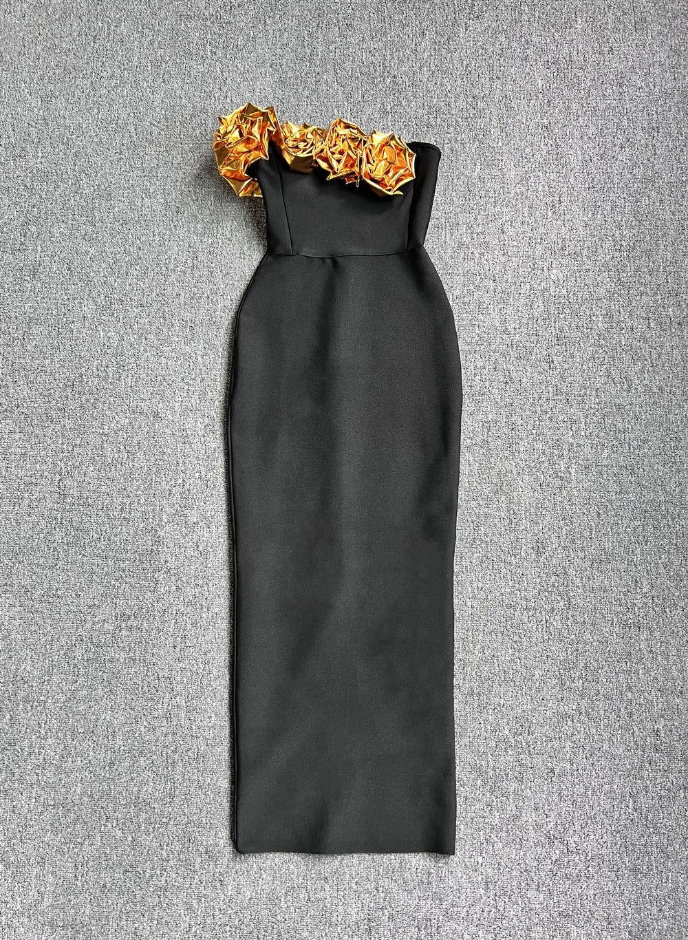 Celebrity Red Carpet Dress Gold Florals Women Sexy Strapless Off the Shoulder Bodycon Bandage Long Dress Nightclub Party Vestido