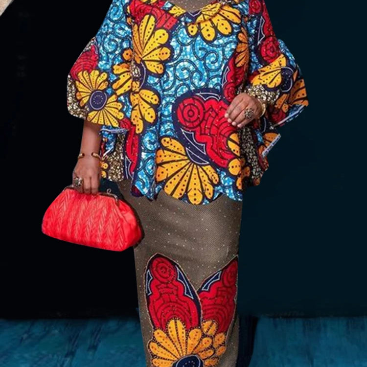 Plus Size VONDA Women Sets 2025 Fashion Suit 3/4 Flare Sleeve Floral Printed Tops And Elastic Waist Maxi Skirts 2Pcs Sets