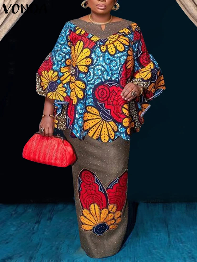 Plus Size VONDA Women Sets 2025 Fashion Suit 3/4 Flare Sleeve Floral Printed Tops And Elastic Waist Maxi Skirts 2Pcs Sets