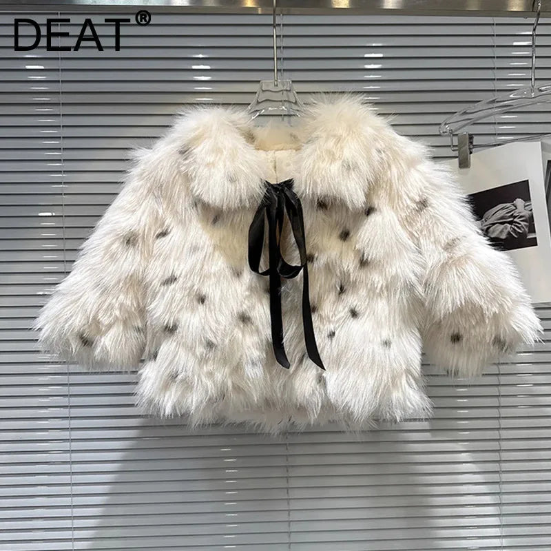 Winter New Fashion Polka Dot Fur Tie Bow Faux Fur Short Coat For Women High Quality Warm Jacket Female 11A07512
