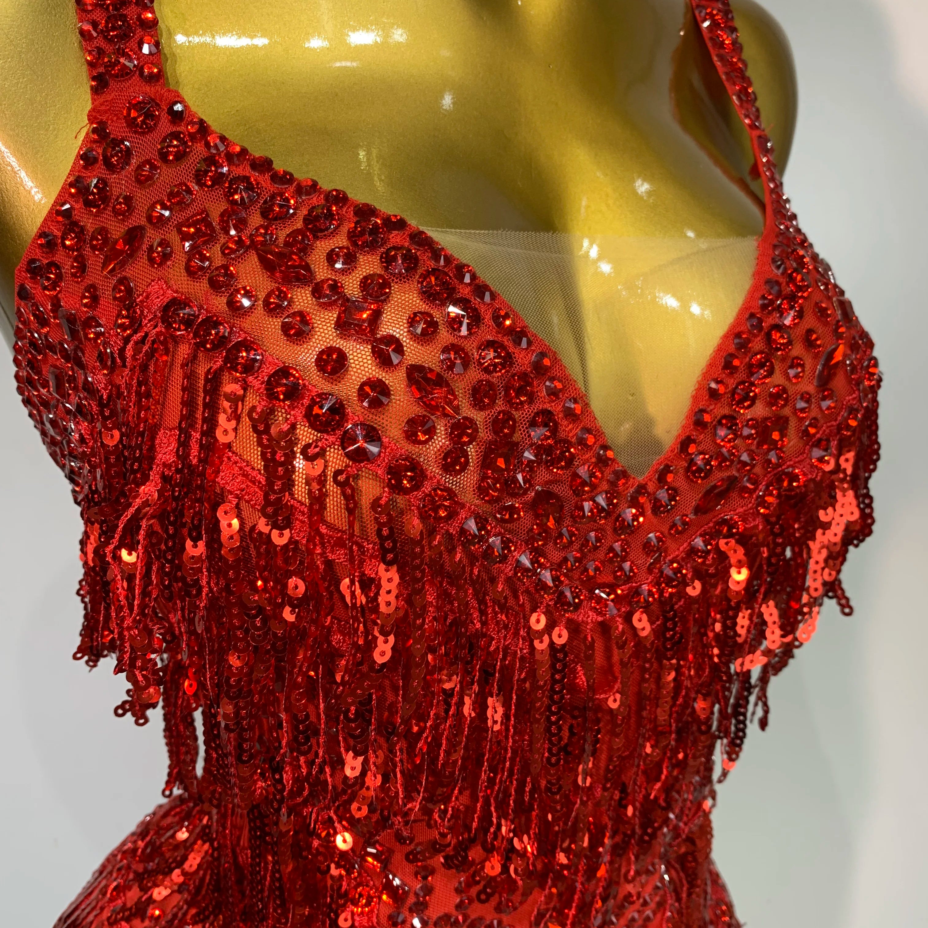 Sparkly Rhinestone Tassel Sexy Backless Mesh Bodysuit Women Luxury Birthday Party Nightclub Bar Dencer Stage performance Costume