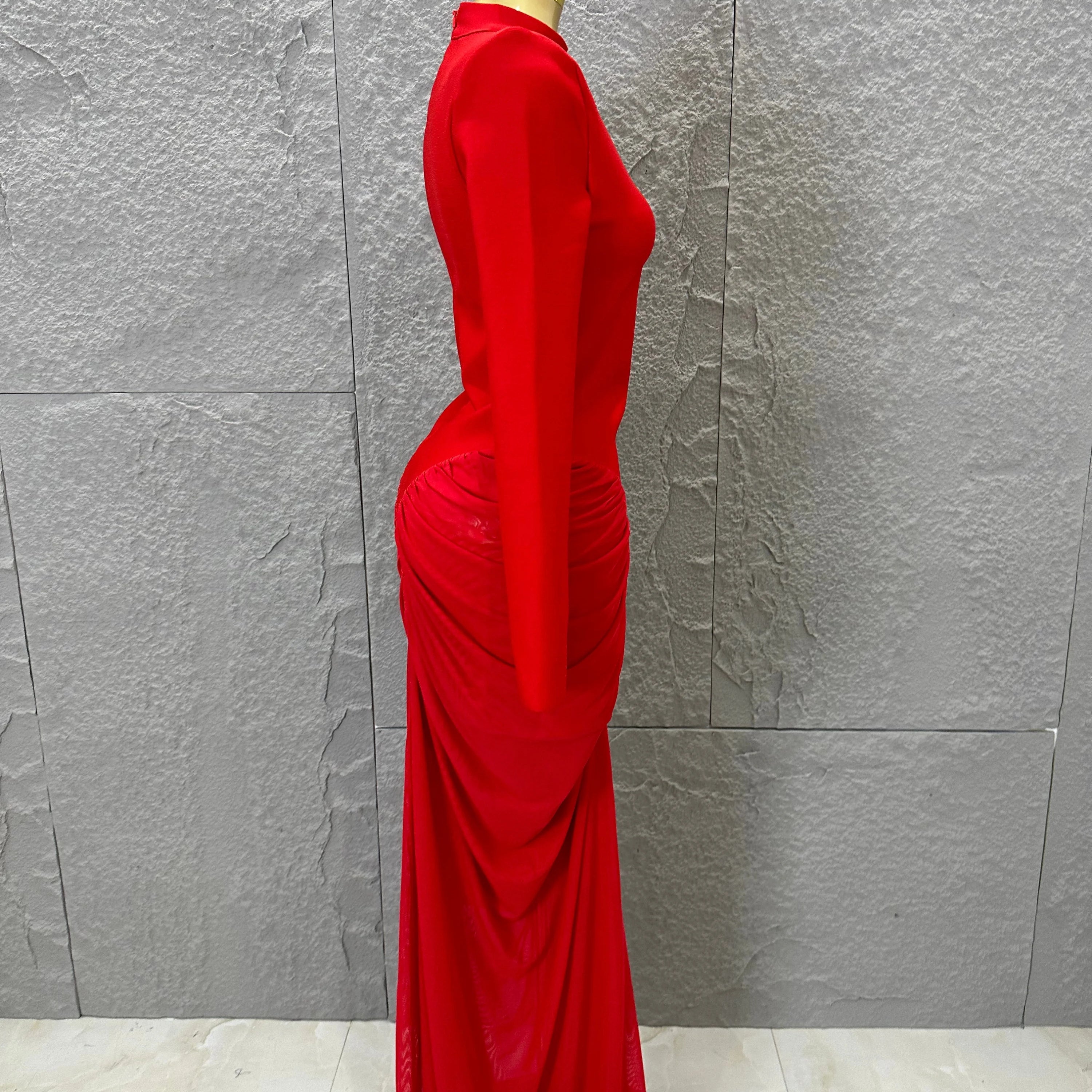 Glamorous Red Long Sleeve Maxi Dress Women High Neck Ruched Draped Bodycon Nightclub Outfit Cocktail Party Costume