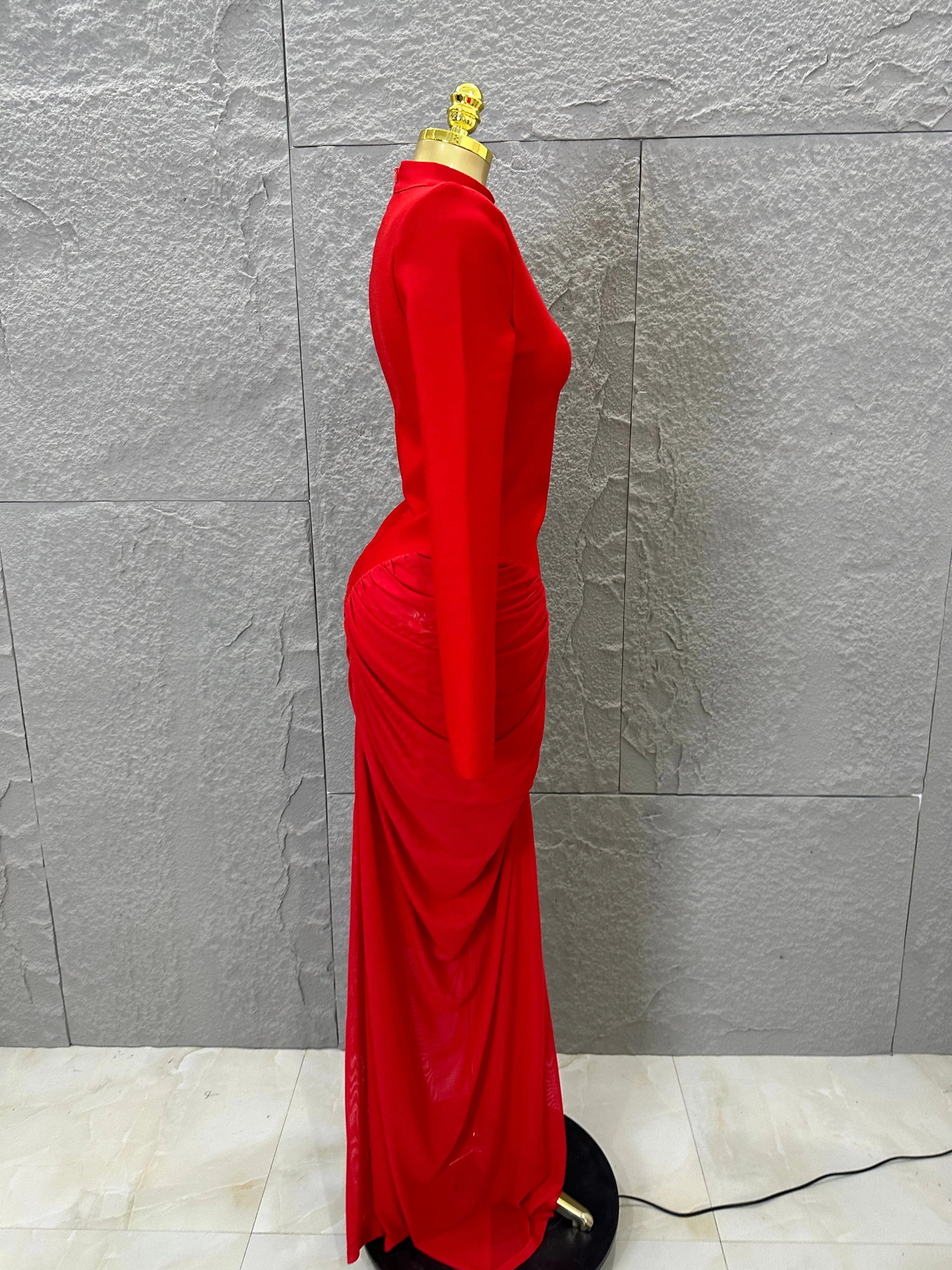 Glamorous Red Long Sleeve Maxi Dress Women High Neck Ruched Draped Bodycon Nightclub Outfit Cocktail Party Costume