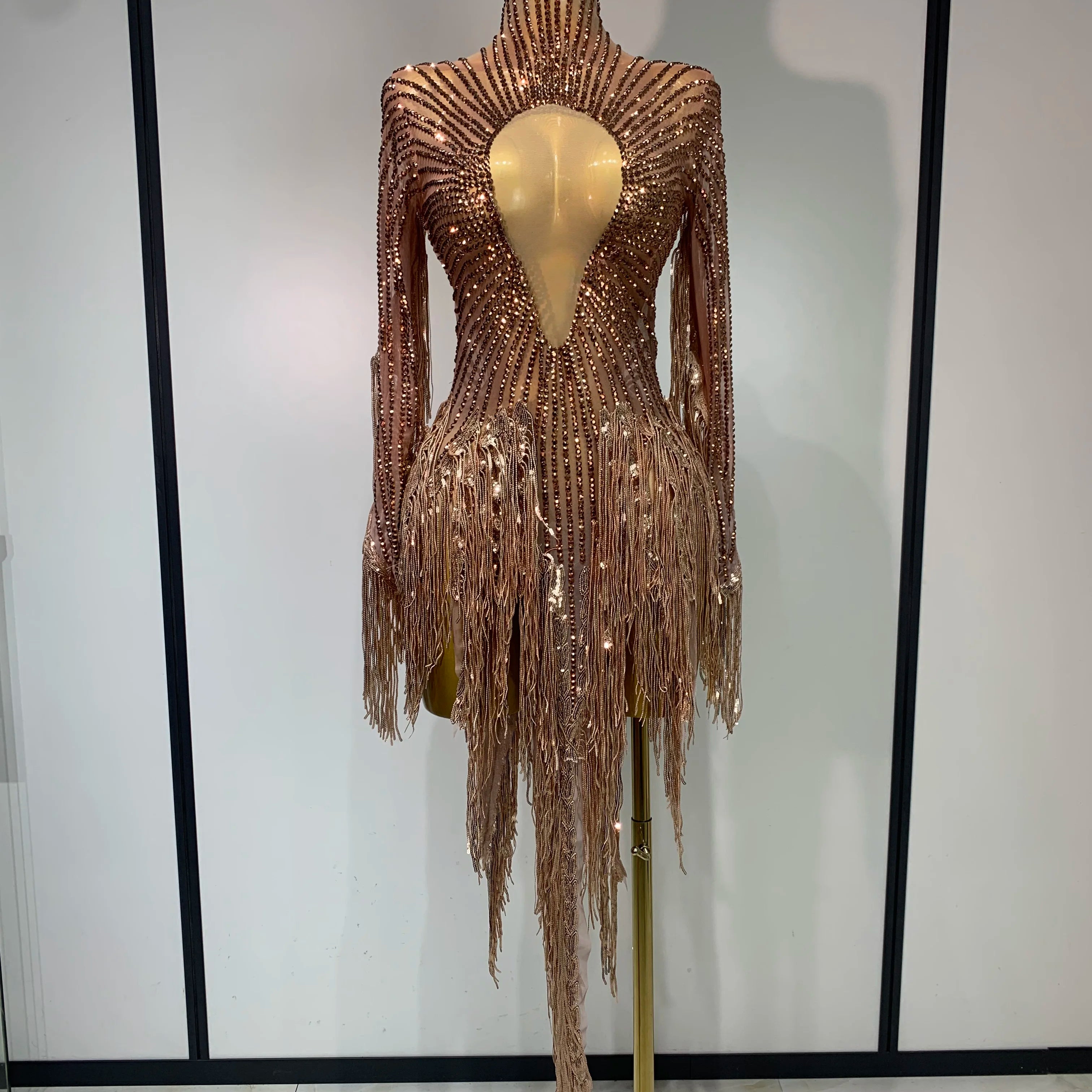 Women Sexy Long Sleeve Tassel Diamond Dress Luxury Birthday Evening Party Costume Nightclub Celebrity Stage Performance Outfit Gold