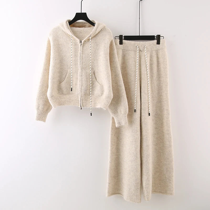 Autumn Winter New Fashion Casual Suit For Women Hooded Sweatshirt Knitted Sweater Coat Wide-Leg Long Pants 11A07839 beige One Size