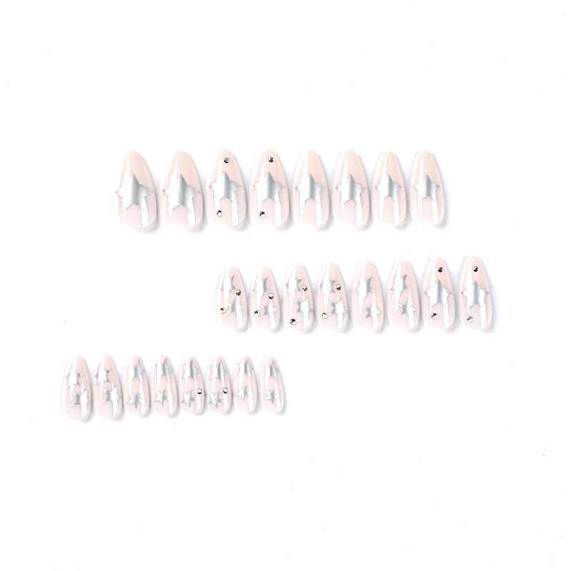 Sweet Cool Silver Stars Rhinestone Wearable Almond Shape Fake Nails Y2K Finished False Nails Press on Nails with Glue Wholesale