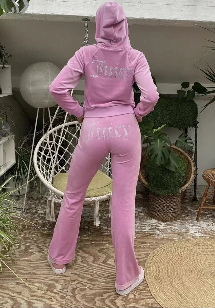 Velour Tracksuit Women Long Sleeve Hoodie Juicy Bling Shine Tops+Pants Two Piece Diamond Logo Print Casual Workout Clothes Pink