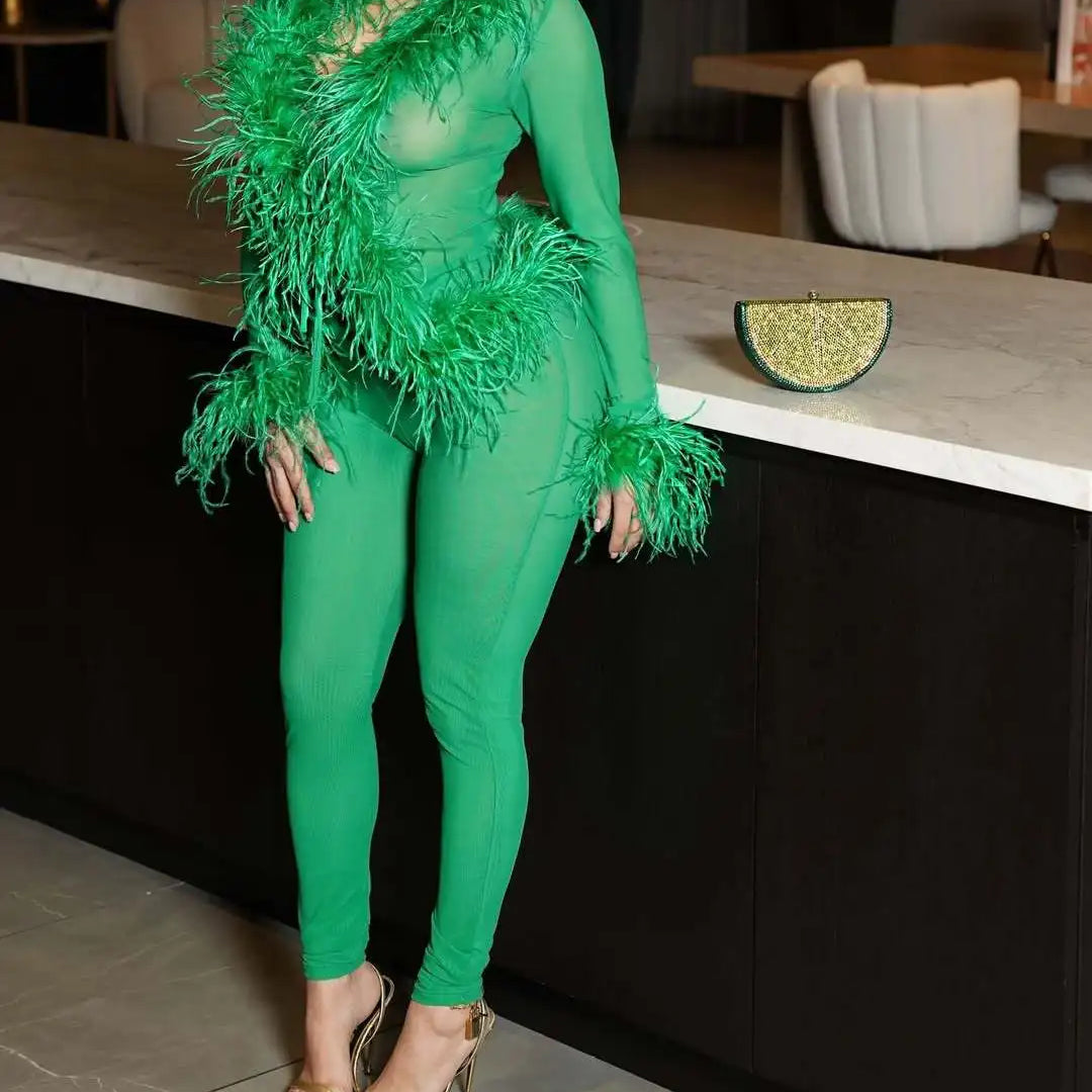 Fashion Mesh See Though Women's Set Feather Side Long Sleeve Crop Top and Legging Pants 2025 Sexy Two 2Piece Sets Outfit Green