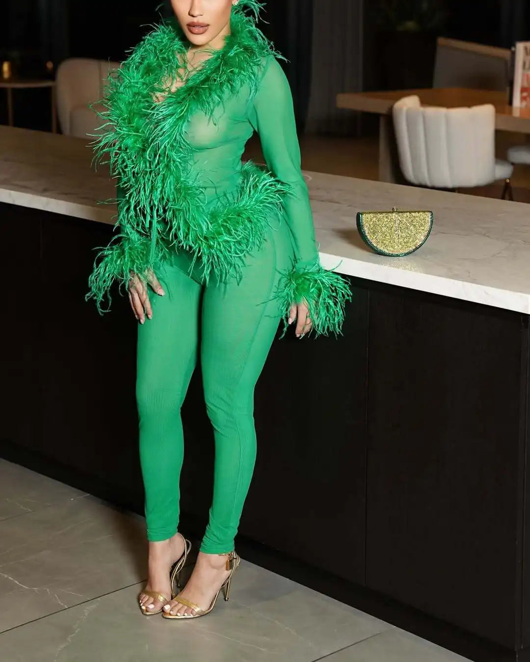 Fashion Mesh See Though Women's Set Feather Side Long Sleeve Crop Top and Legging Pants 2025 Sexy Two 2Piece Sets Outfit Green