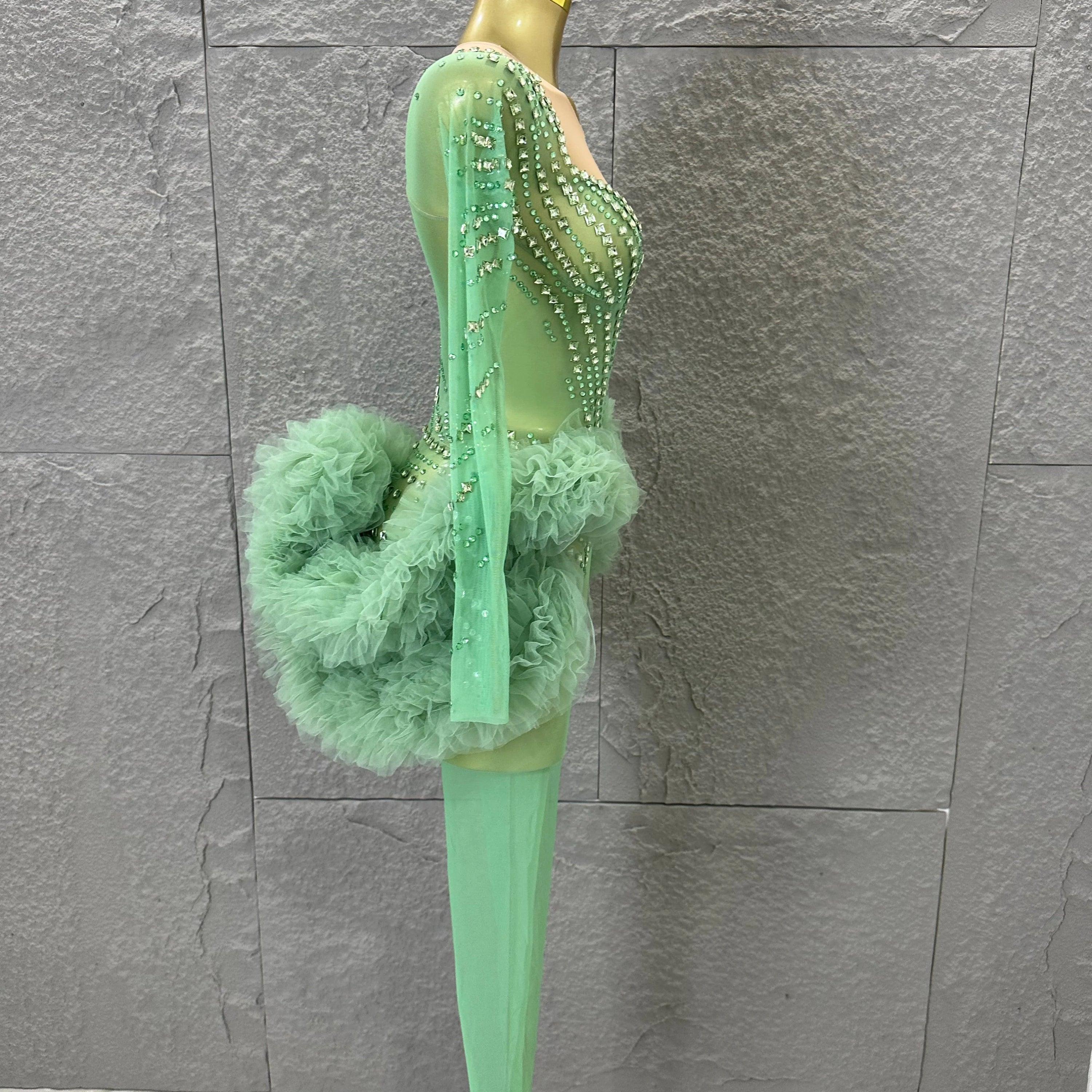 Sparkly Green Long Sleeve Bodysuit Women Stage Performance Sheer Mesh Rhinestone Embellished Ruffle Tulle Latin Dance Costume