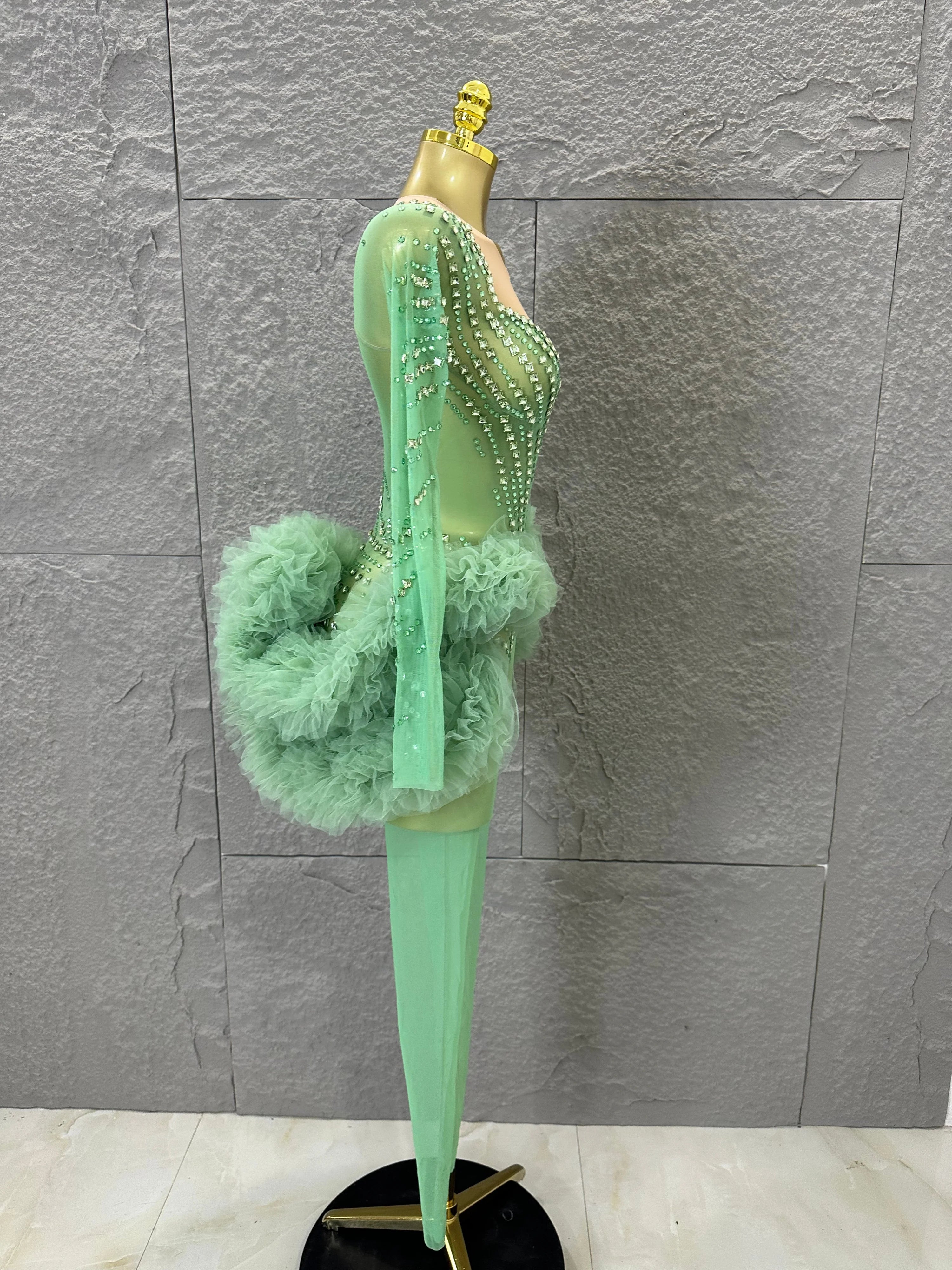 Sparkly Green Long Sleeve Bodysuit Women Stage Performance Sheer Mesh Rhinestone Embellished Ruffle Tulle Latin Dance Costume