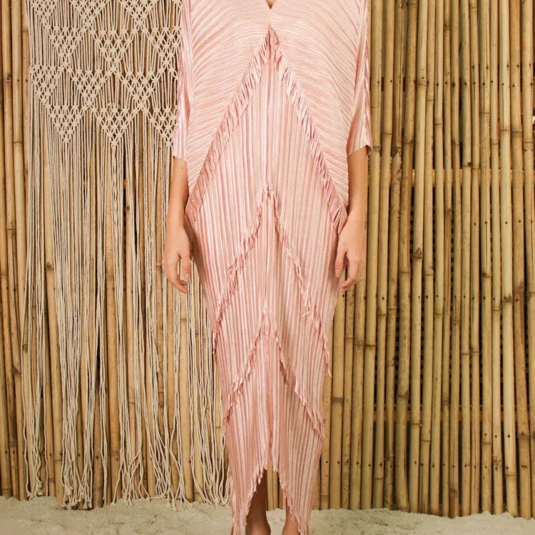 Miyake Tassel Pleated Batwing Sleeve Dress Women Spring Autumn New V-neck Casual Loose Solid Color Evening Dresses Female