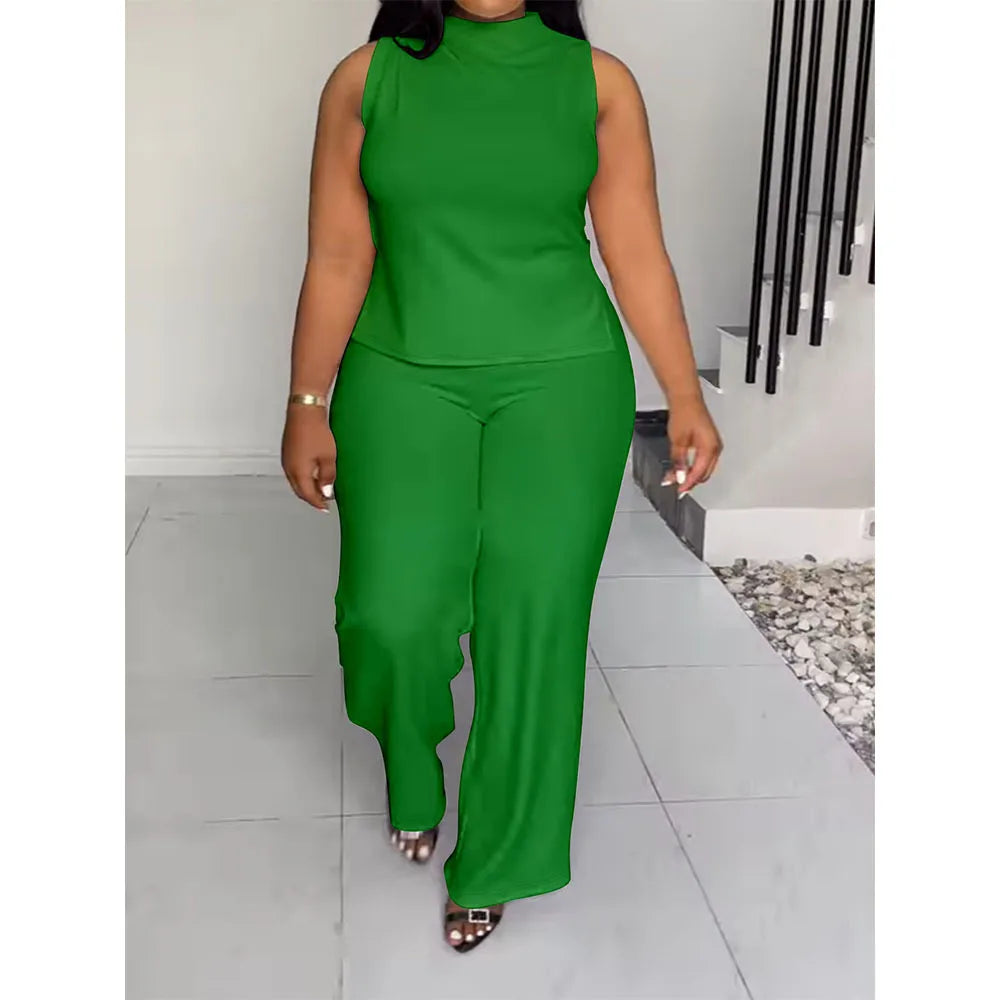 Plus Size Women's Set O-neck Sleeveless T-shirt Vest and Pants Suits Sweatsuit Two 2 Piece Set Outfit Street Tracksuit green