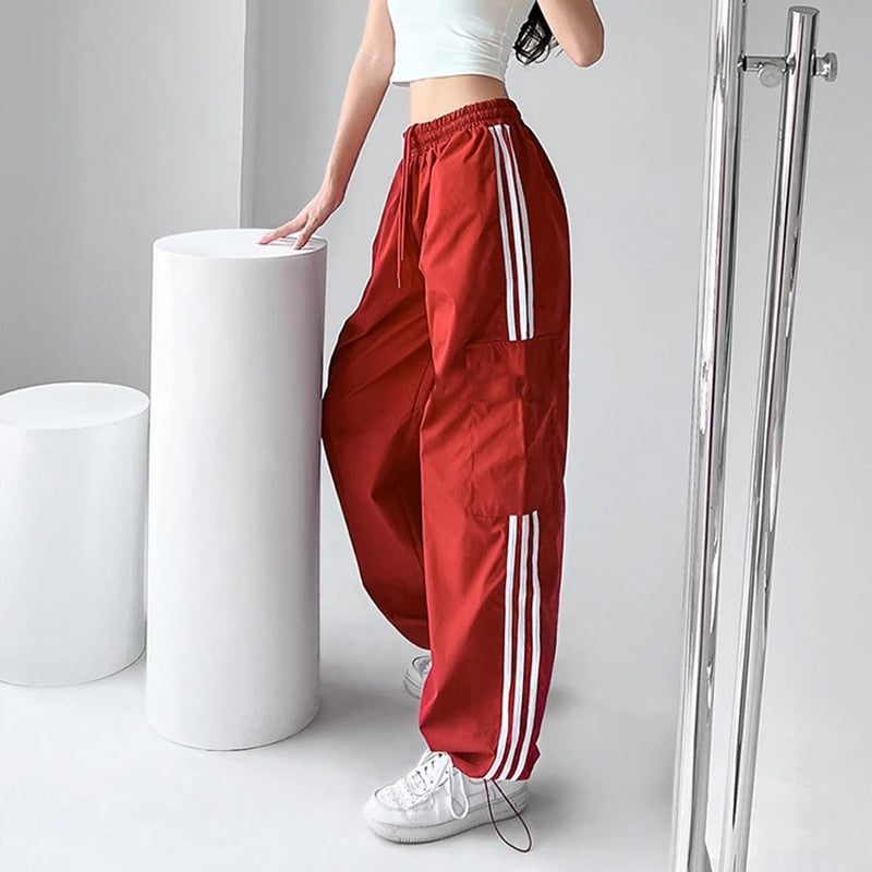 Striped Sweatpants Women Hip Hop Streetwear Baggy Wide Leg Cargo Pants Bf Y2K High Waist Drawstring Joggers Trousers Red